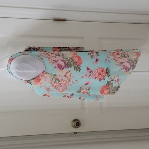 Forever 21 Light Blue Floral High Low Hem Tie Back Sheer Sleeveless Blouse - Picture 4 of 12